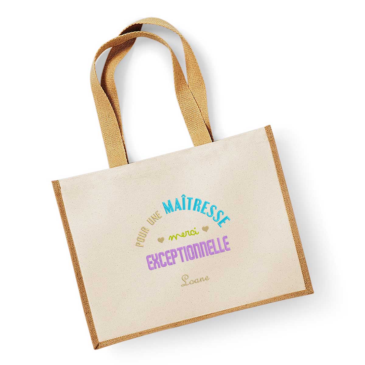 Borsa Di Tela Per Maestra Con Pochetta Abbinata, Cadeau Fine Anno Scolastico, Cotone, 38x40 Cm, Scritta "Merci Maîtresse", Bianco