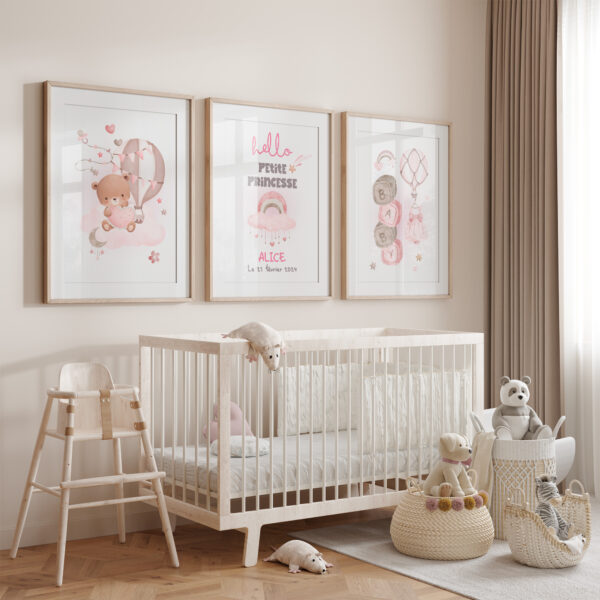 Décoration chambre enfant hello petite princesse. Cadeau naissance et baptême 3 affiches personnalisées.