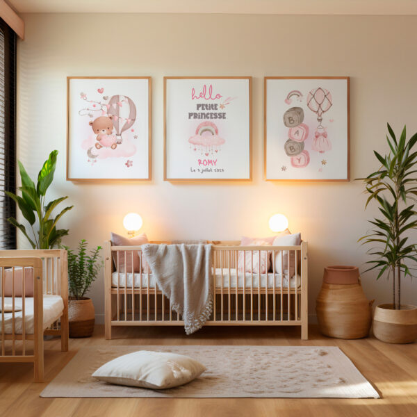 Décoration chambre enfant hello petite princesse. Cadeau naissance et baptême 3 affiches personnalisées.