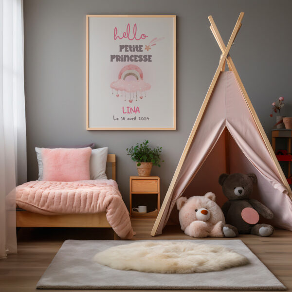 Décoration chambre enfant hello petite princesse. Cadeau naissance et baptême 3 affiches personnalisées.