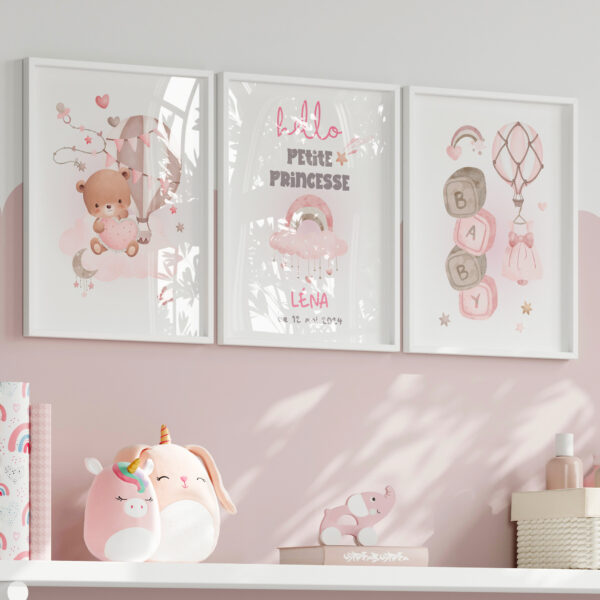 Décoration chambre enfant hello petite princesse. Cadeau naissance et baptême 3 affiches personnalisées.