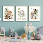 Cadeau naissance set 3 affiches. Décoration murale et animaux au choix