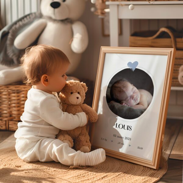 Affiche bébé | prénom et photo ronde | cadeau de naissance garçon