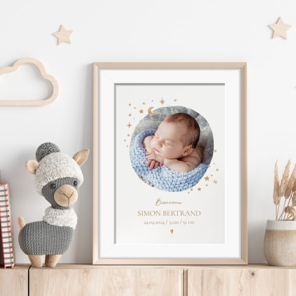 Affiche naissance | prénom et photo ronde | cadeau de naissance