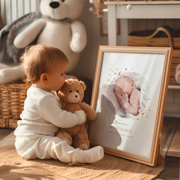 Affiche naissance | prénom et photo ronde | cadeau de naissance