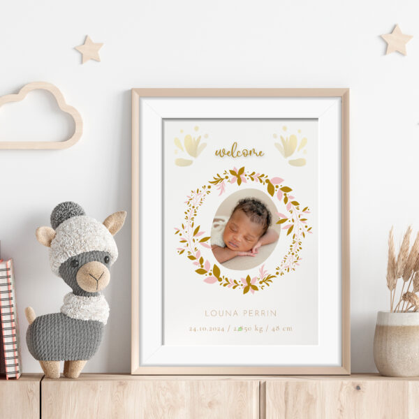 Affiche welcome bébé | prénom et photo ronde | cadeau de naissance