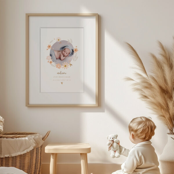 Affiche welcome naissance | prénom et photo ronde | cadeau de naissance