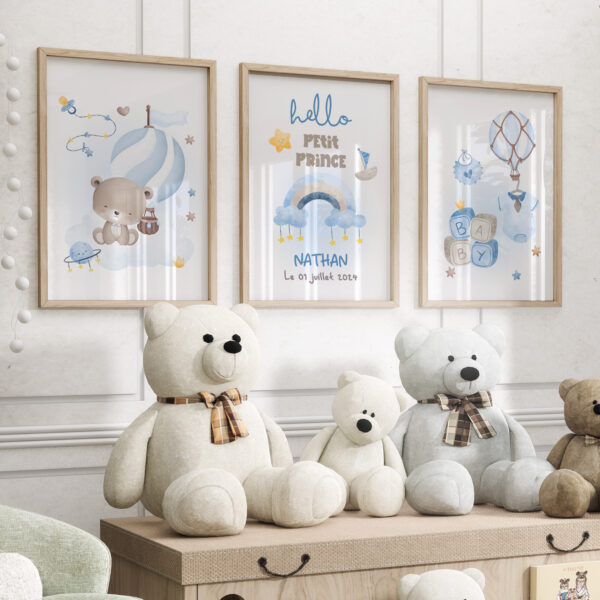 Décoration chambre hello petite prince. Cadeau naissance 3 affiches personnalisées