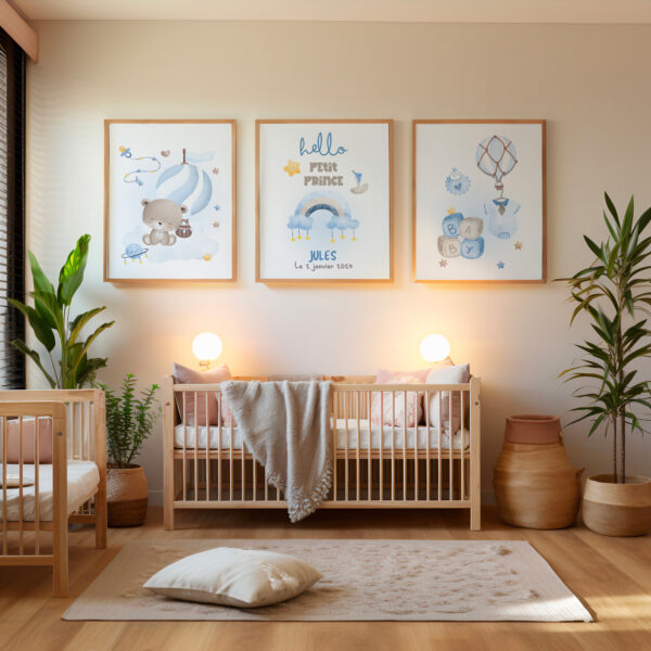 Décoration chambre hello petite prince. Cadeau naissance 3 affiches personnalisées