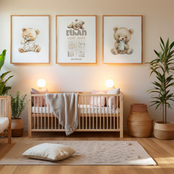 Décoration chambre bébé ourson. Cadeau naissance 3 affiches personnalisées