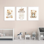 Décoration chambre bébé ourson. Cadeau naissance 3 affiches personnalisées