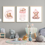 Décoration chambre bébé ourson fille. Cadeau naissance 3 affiches