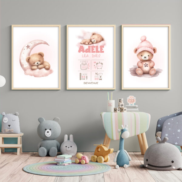 Décoration chambre bébé ourson fille. Cadeau naissance 3 affiches