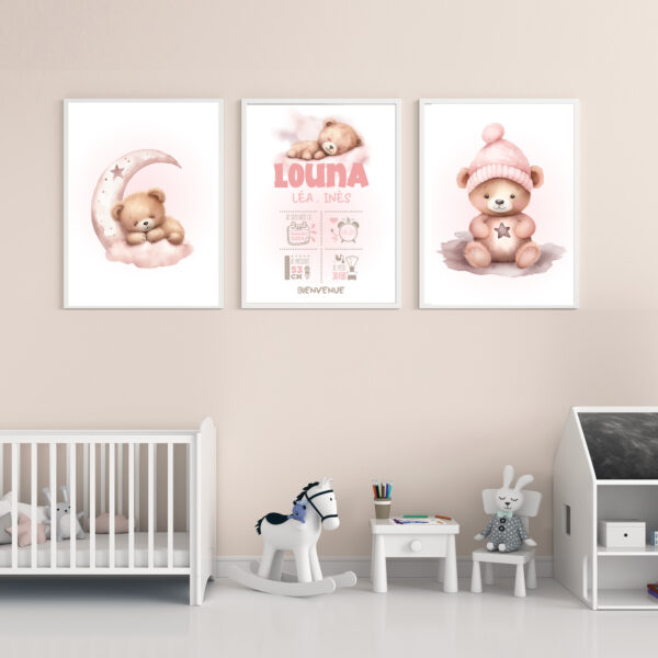 Décoration chambre bébé ourson fille. Cadeau naissance 3 affiches