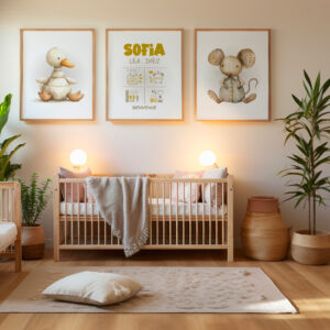 Décoration chambre bébé et animaux. Cadeau naissance 3 affiches personnalisées