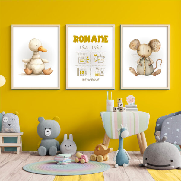 Décoration chambre bébé et animaux. Cadeau naissance 3 affiches personnalisées