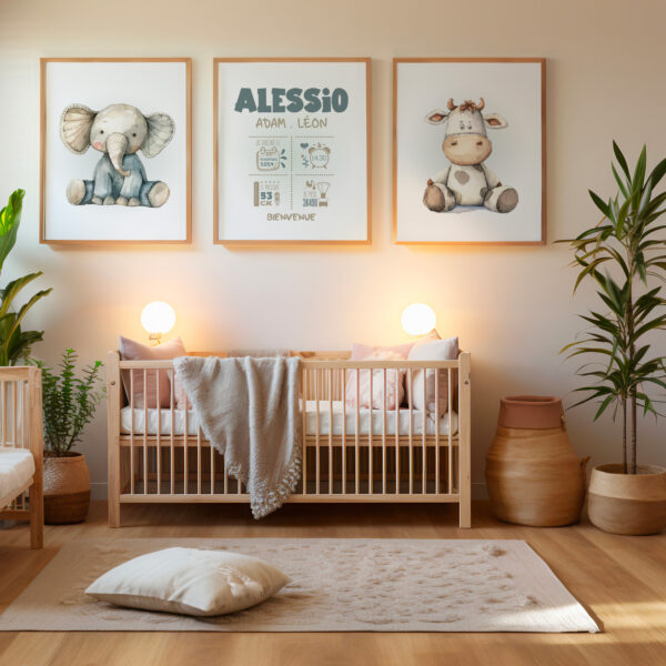 Cadeau naissance 3 affiches. Décoration chambre bébé et animaux