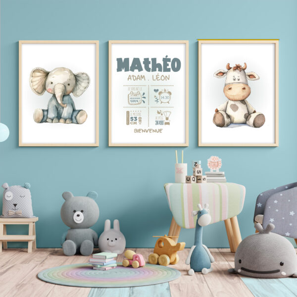 Cadeau naissance 3 affiches. Décoration chambre bébé et animaux