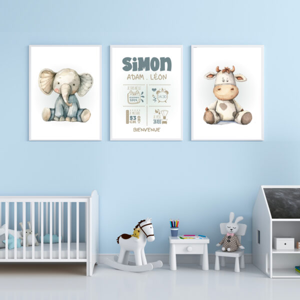 Cadeau naissance 3 affiches. Décoration chambre bébé et animaux