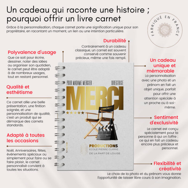Carnet/livre directrice d'école personnalisé thème cinéma