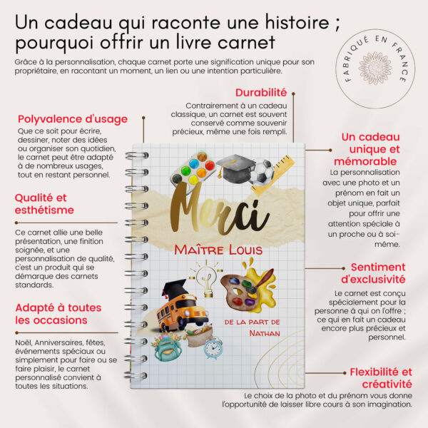 Carnet/livre merci maître personnalisé avec les prénoms