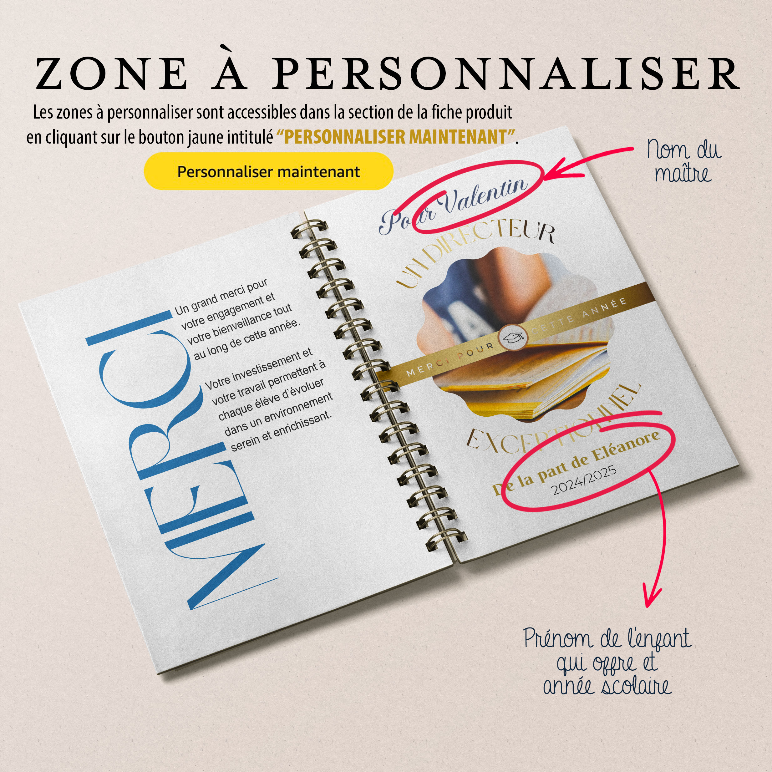Carnet/livre directeur merci pour cette année à personnaliser