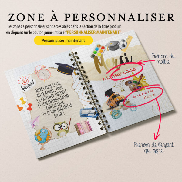 Carnet/livre merci maître personnalisé avec les prénoms