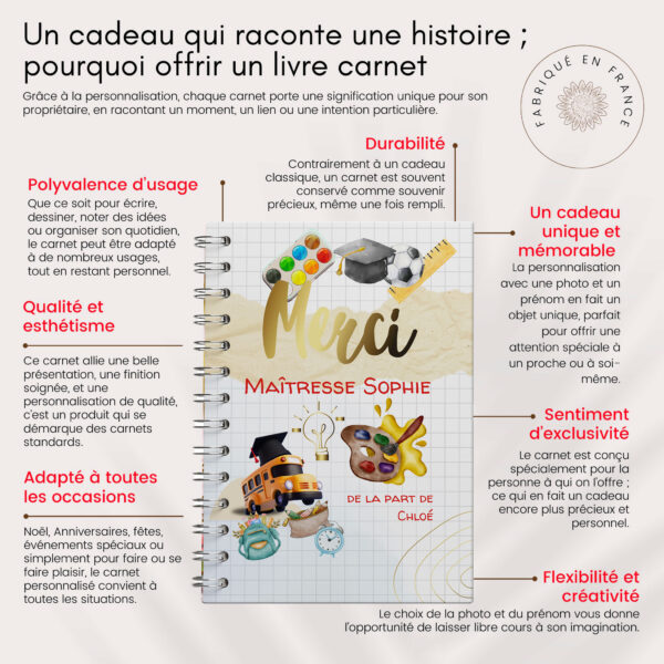 Carnet/livre rigide merci maîtresse avec illustration école